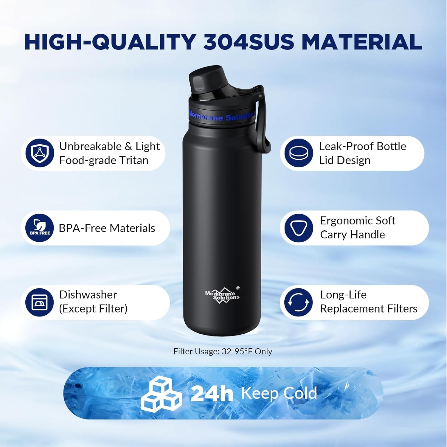 Filtered Water Bottle, 32oz Stainless Steel Water Bottle, with Filter Cartridge