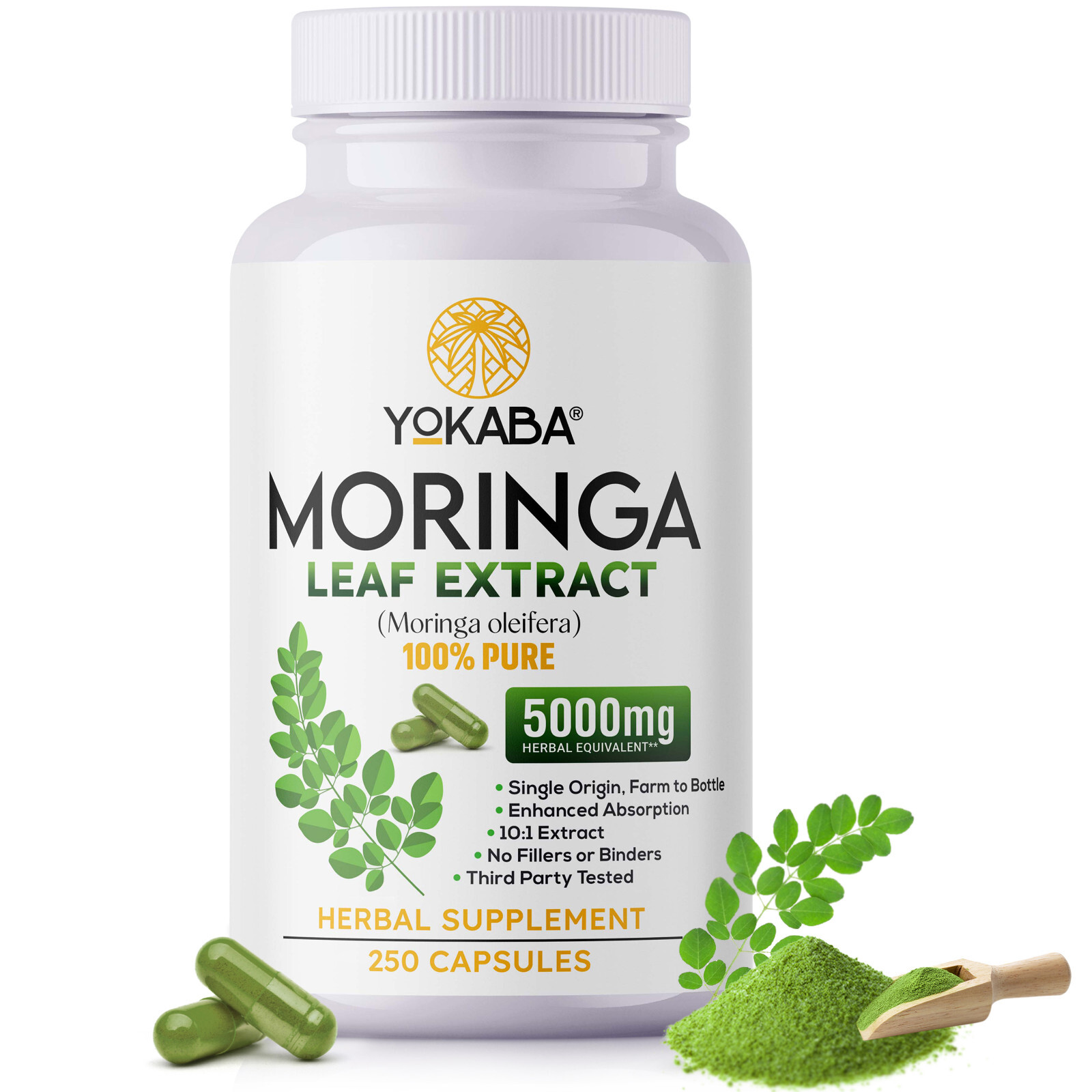 250 Capsules Moringa Oleifera Leaf Powder 5000mg - Organic Herbal Extract YOKABA