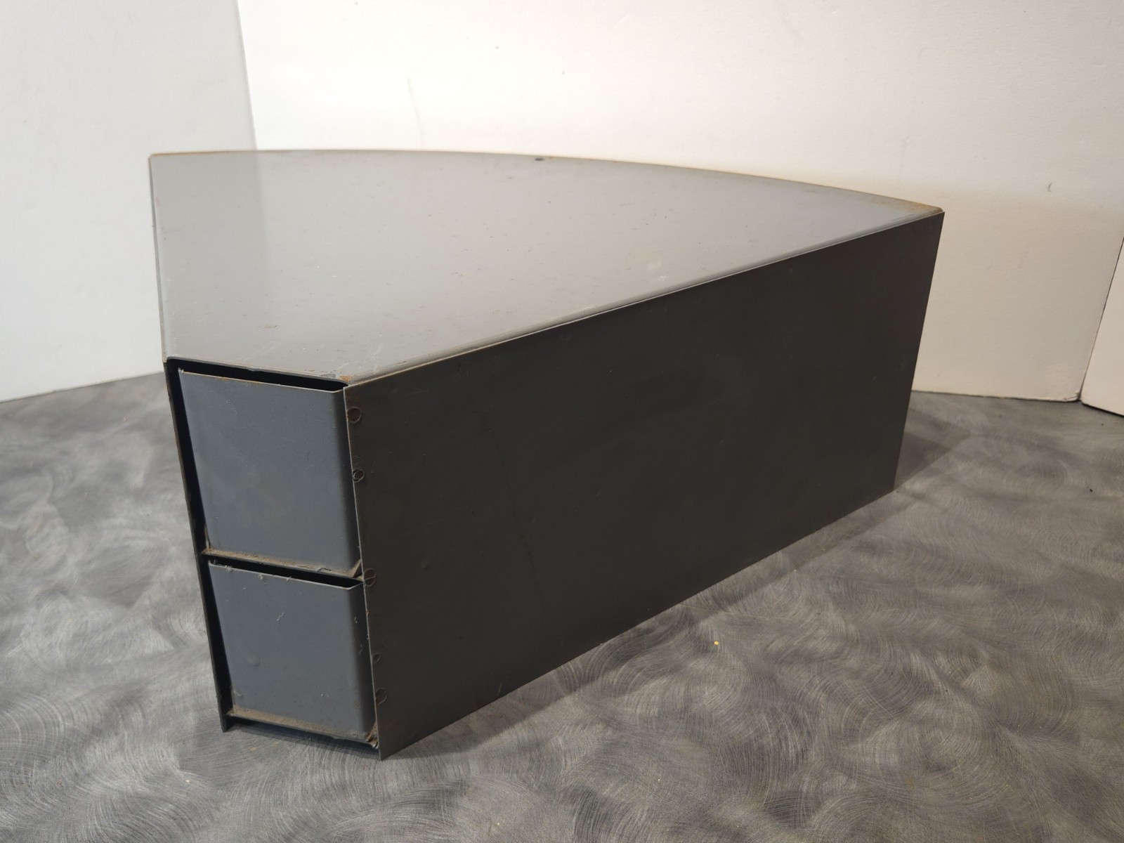 Vintage Industrial Metal Pie Shaped Corner Hardware Parts Bin 3 Drawer Cabinet