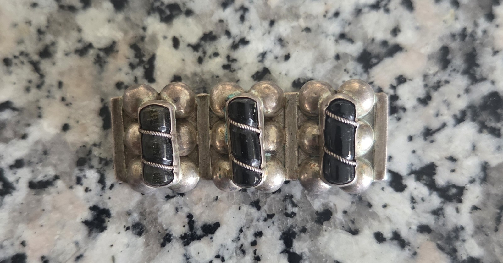 Vintage Sterling Silver 925 Black Onyx  Mexico Brooch Pin