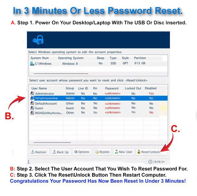 2025 Windows Password Reset USB + Disc Combo Win 11, 10, 8.1, 8, 7, XP, Vista