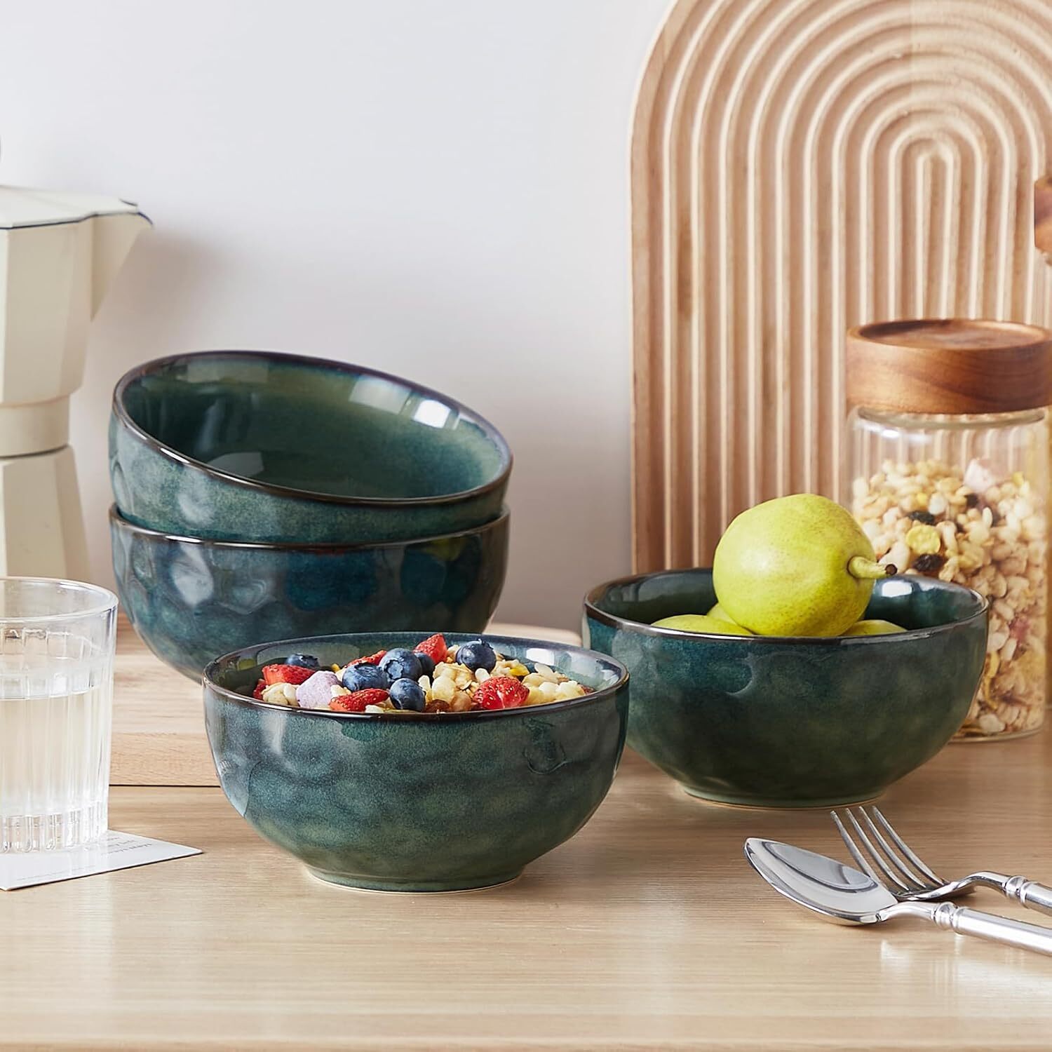 24oz Bowls for Soup, Ceramic Deep Soup Bowls Set of 4, Green Cereal Bowls Set