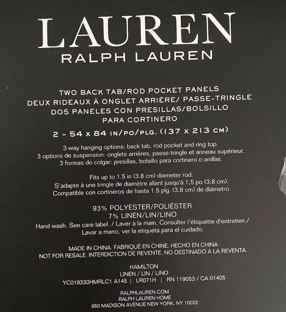 New Ralph Lauren Window Curtains 2 Panels Beige 54 x 84" Linen Hamilton Back Tab