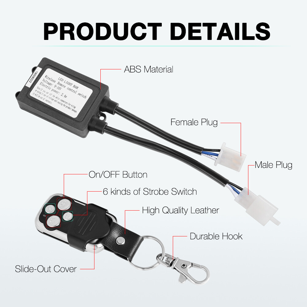 Wireless Remote Control Switch Strobe + 2-Lead Wiring Harness Kit LED Light Bar