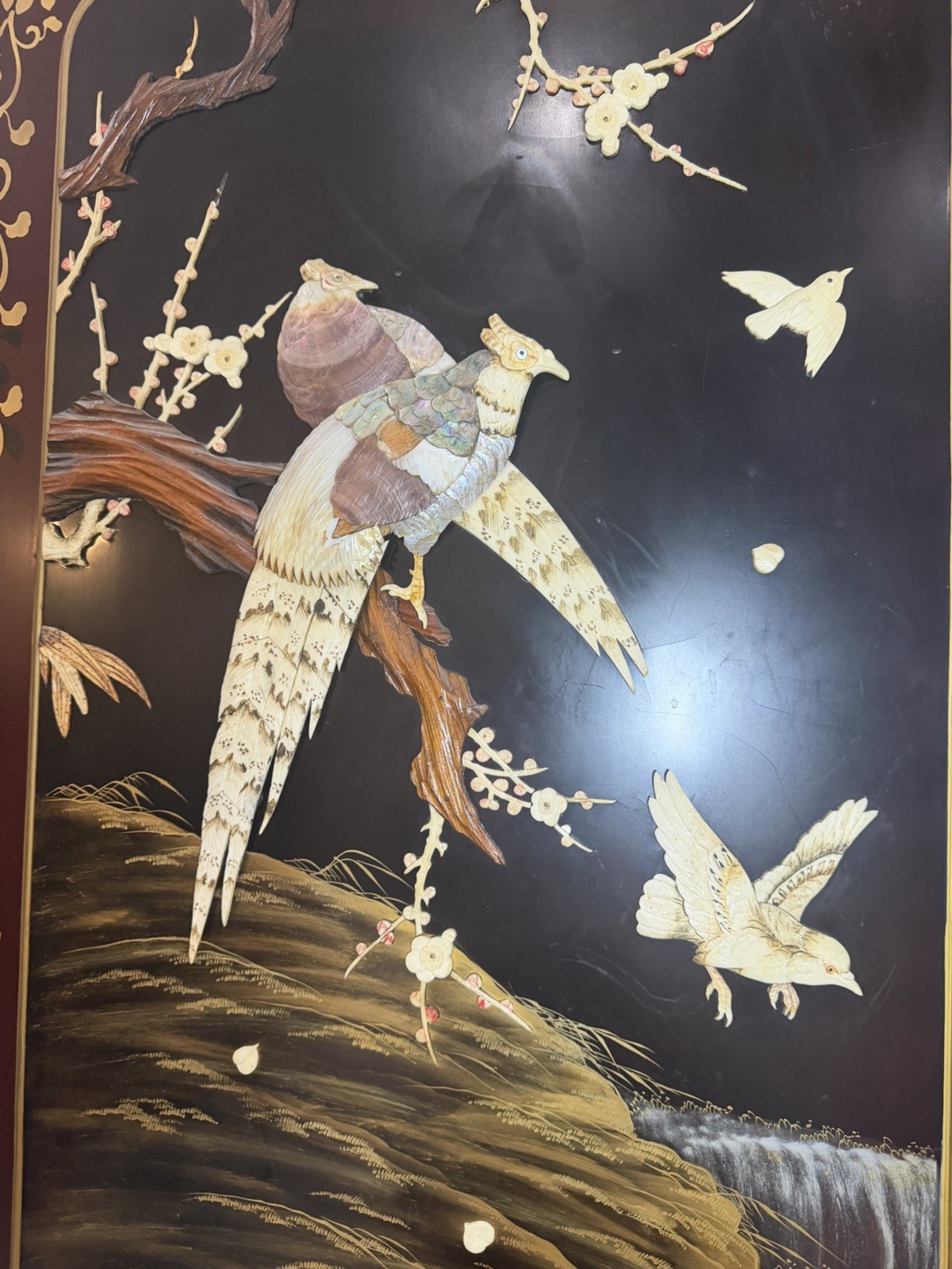 Asian Style Hand Painted Carved Wood Room Divider Birds & Flowers