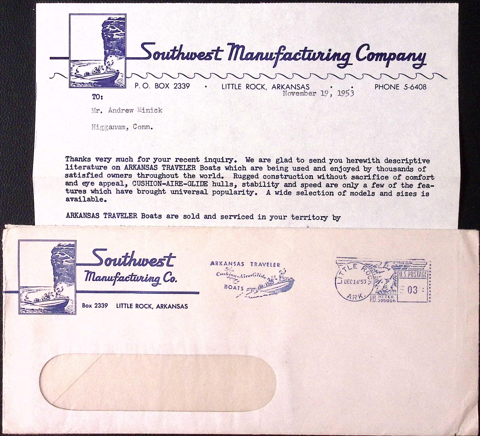 1953 Southwest Manufacturing Company Letterhead Cover LITTLE ROCK AR Boat Mfr.