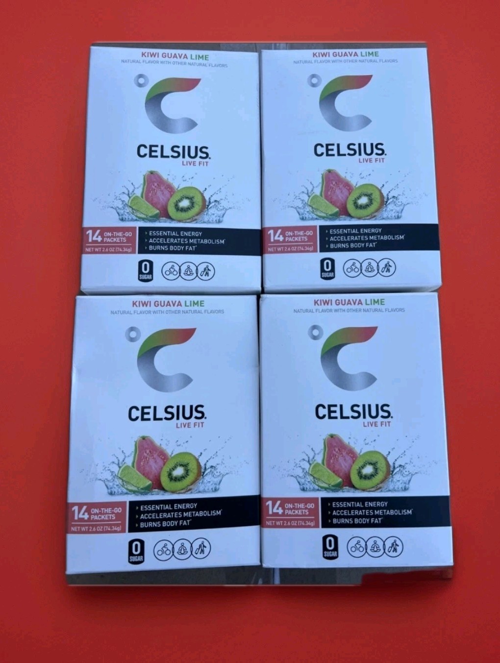 4x CELSIUS Kiwi Guava Lime On the Go Energy Powder Sticks 56 Pack 200mg Caffeine