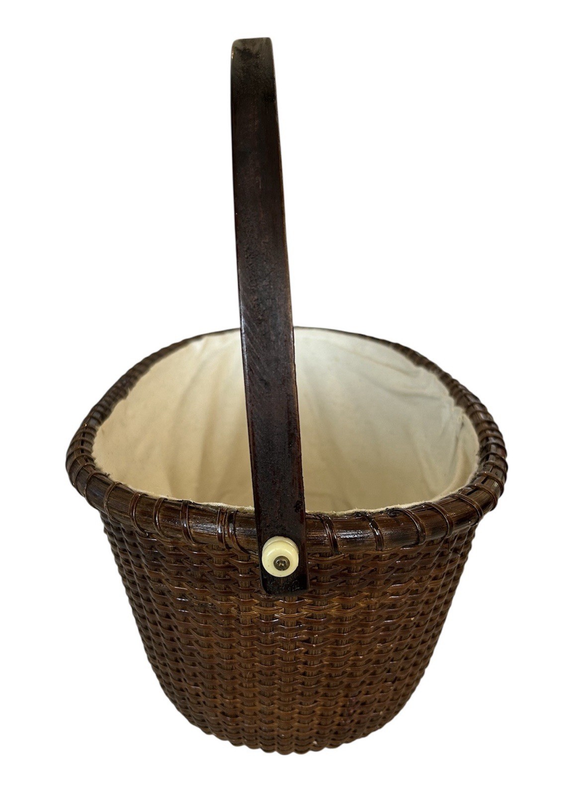 Antique Nantucket Lightship Basket - Swing Handle - Wood Bottom - Handwoven Cane