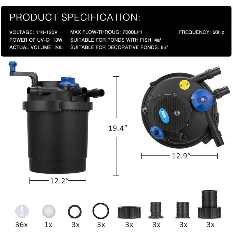 2100 Gal Pond Pressure Bio Filter w/ 13W UV Sterilizer Light Koi Fish ETL Listed