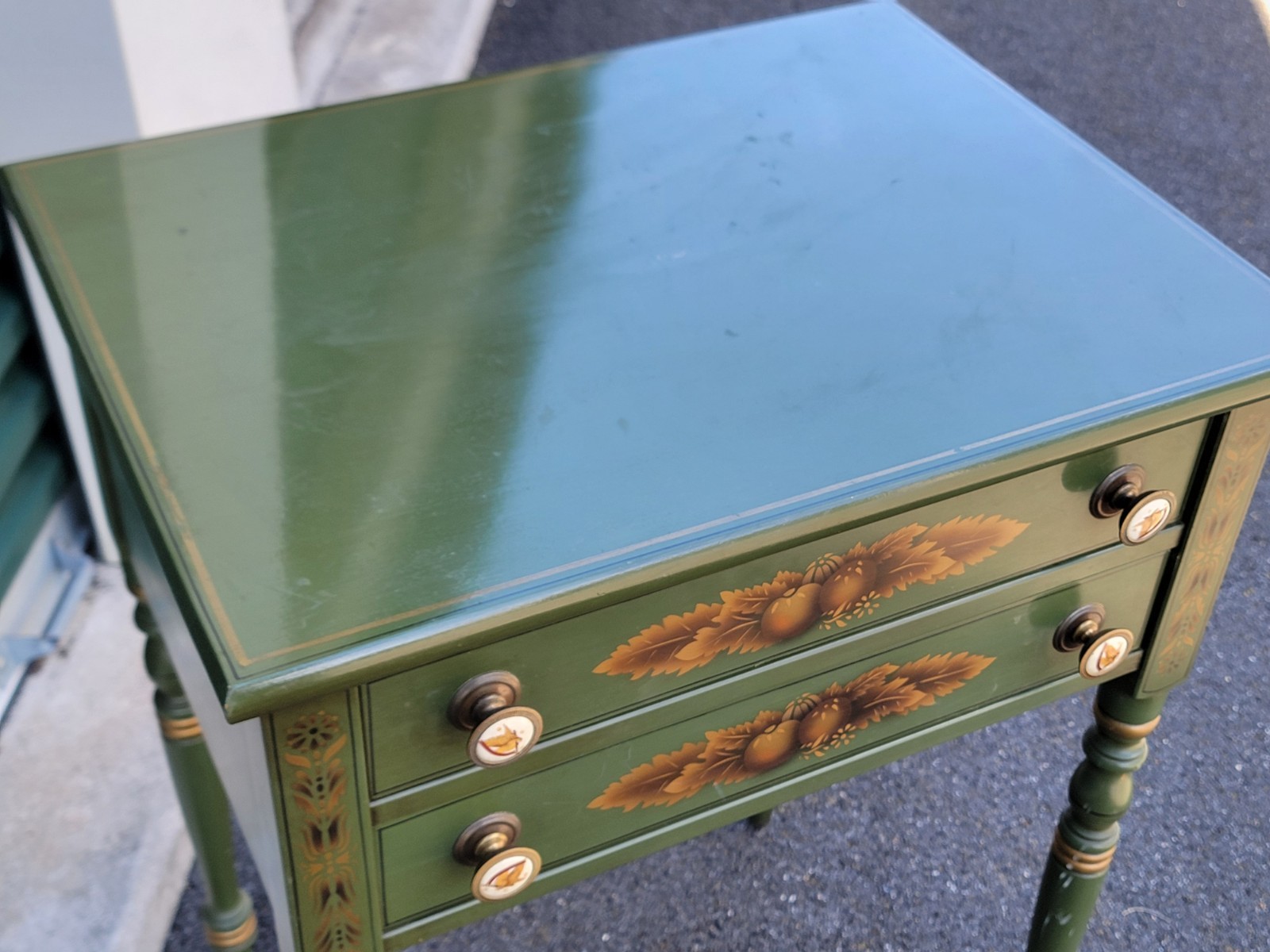L. Hitchcock 2-drawer End/Side/Work Table Dark Green Stenciled drawers