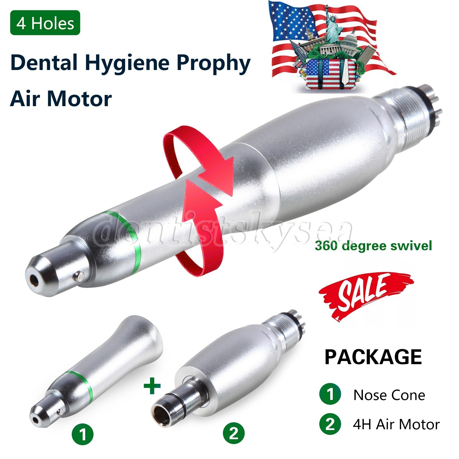 Dental Hygiene Prophy Handpiece Air Motor 4Holes 4:1 Nose Cone 360° Swivel YBB