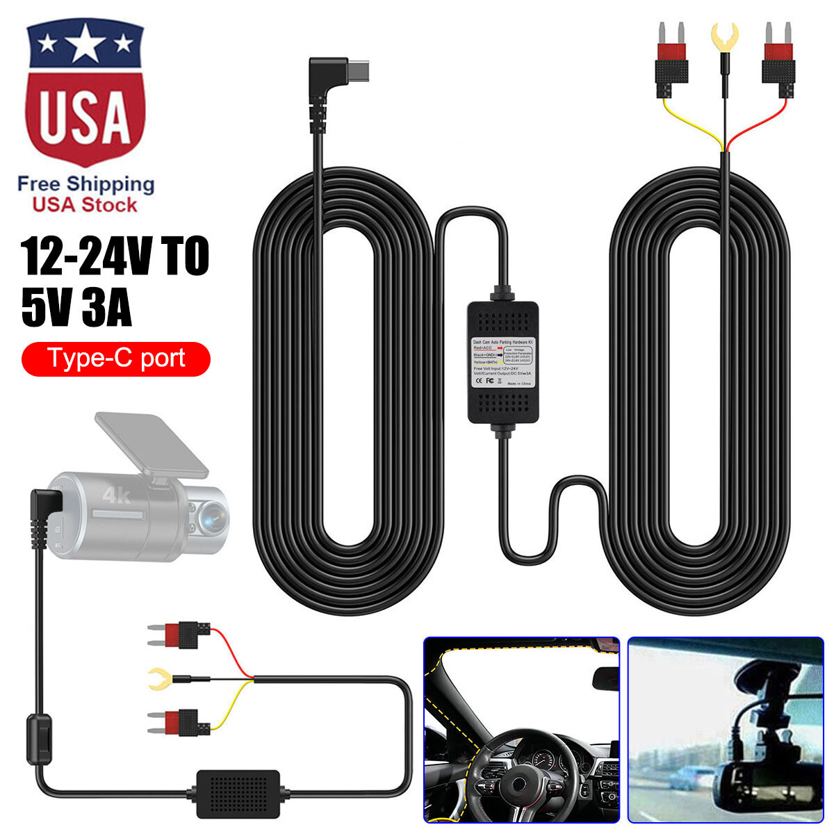 USB C Dash Cam Hardwire Kit For Fuse 12-24V to 5V/3A Type C Port Hard Wire Cable