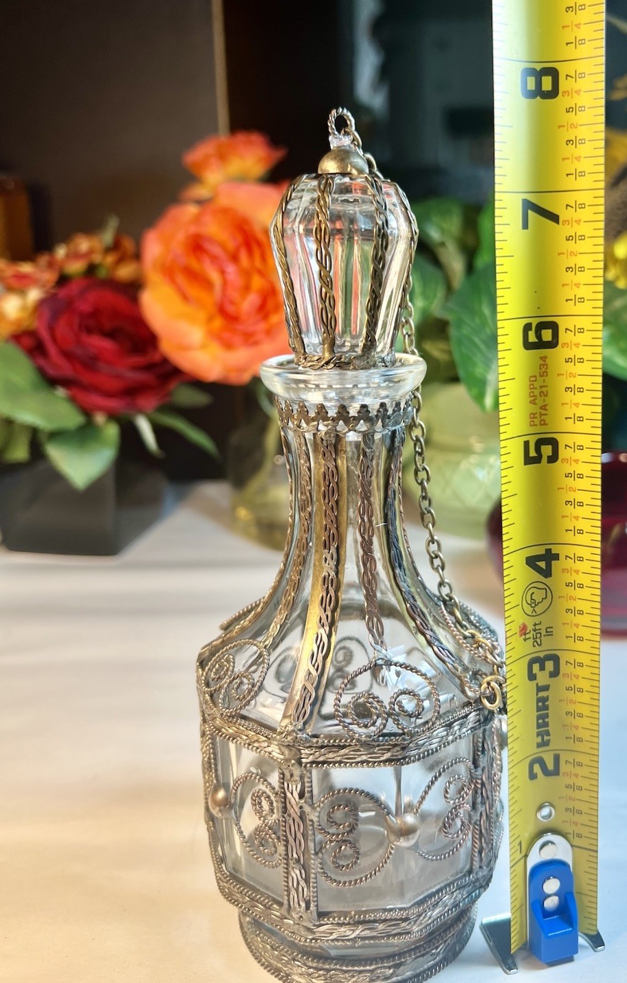 VTG GLASS BOTTLE SILVER PLATED, BRASS, COPPER OVERLAY BOTTLE 1900's UNIQUE
