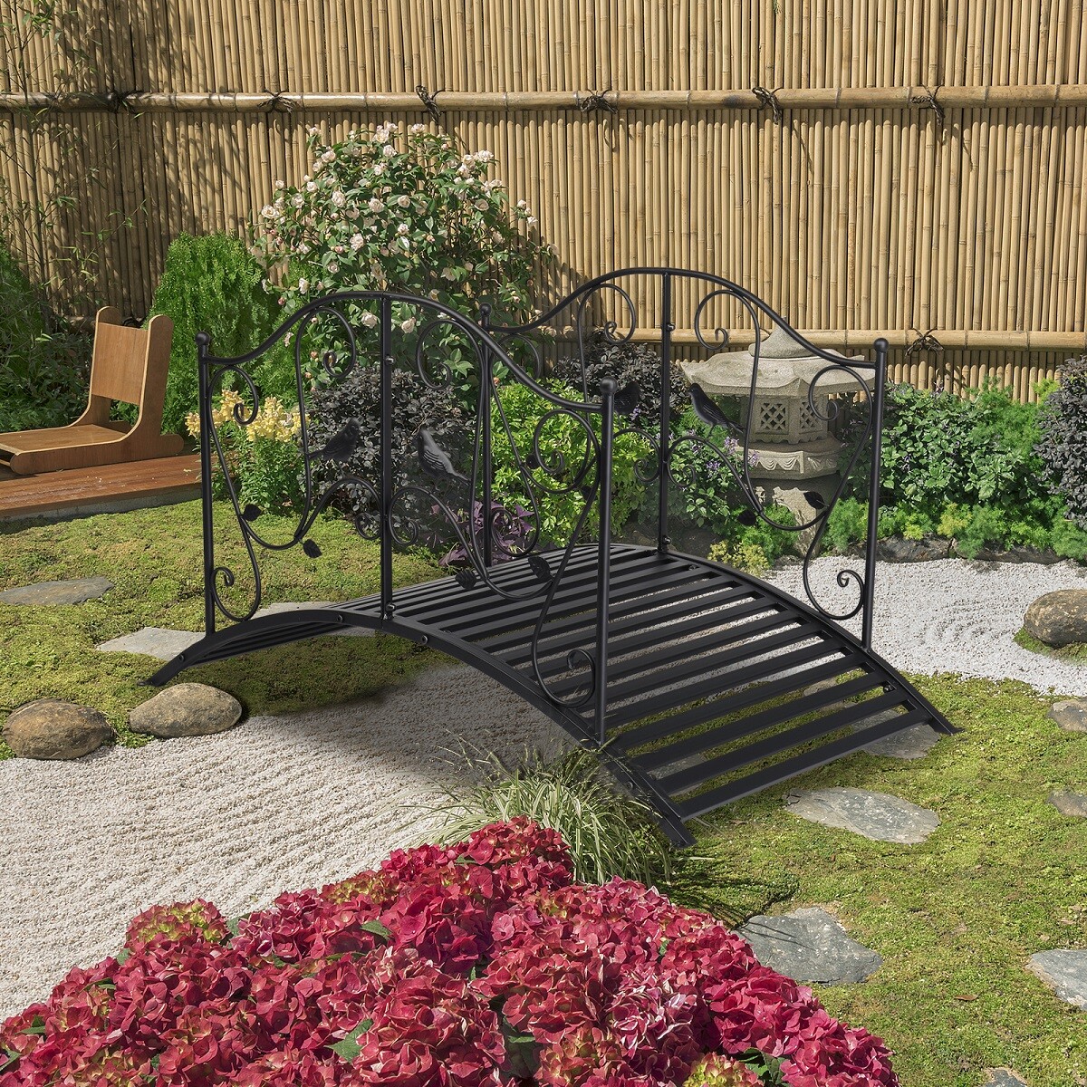 4 Foot Curved Outdoor Metal Bridge Decorative Pond Garden FootBridge Black Matte