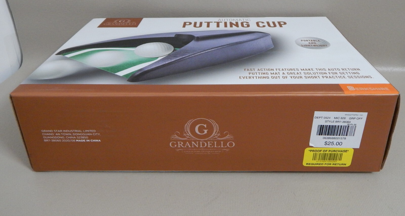 BERKSHIRE GRANDELLO Automatic Golf Putting Cup Auto Ball Return Battery Op NEW