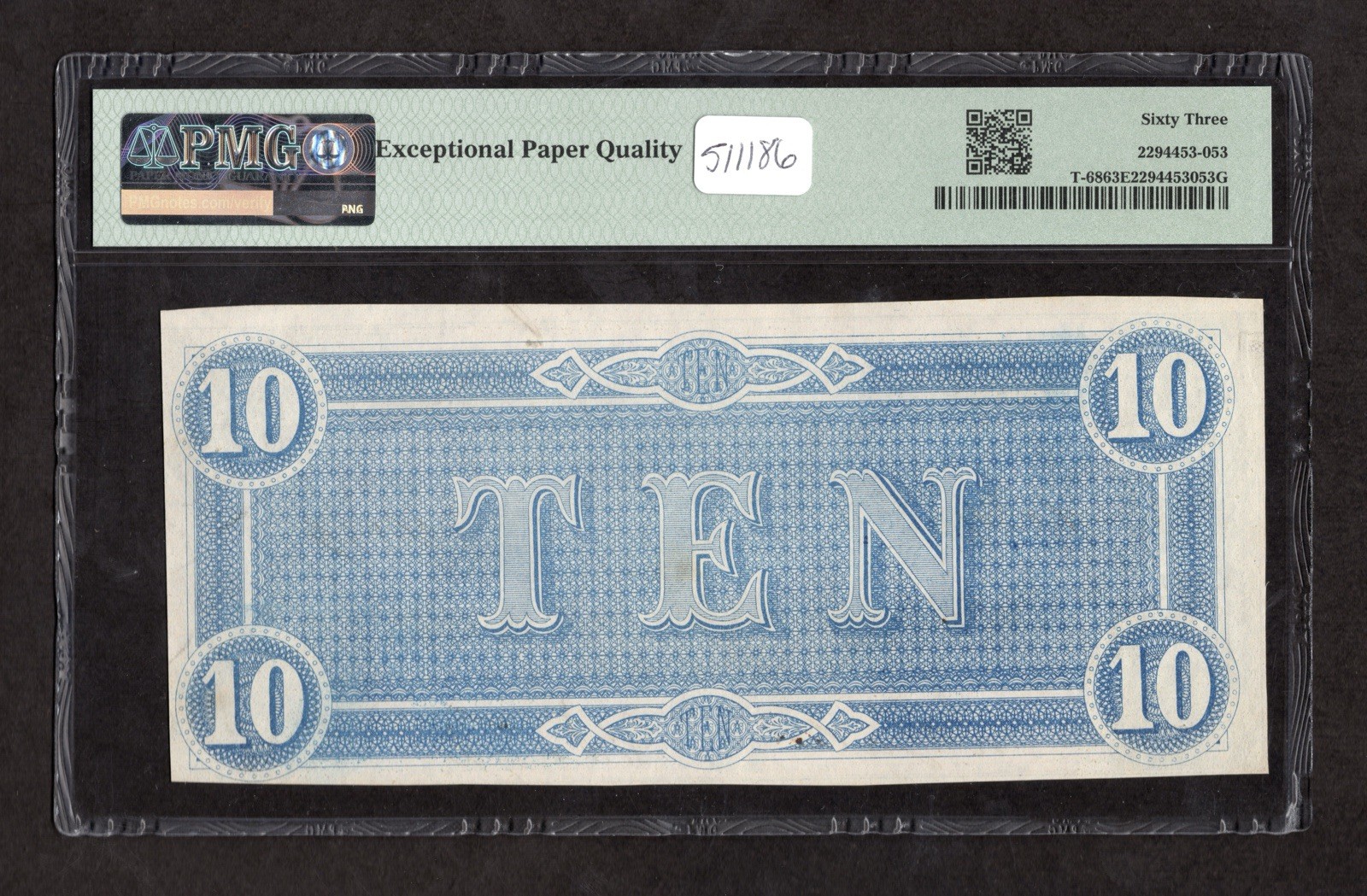 1864 $10 T-68 Confederate States of America Note - PMG 63 EPQ