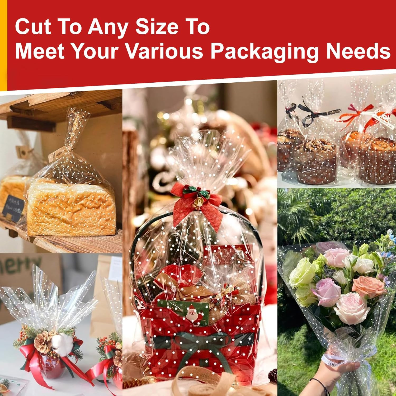 Clear Cellophane Wrap Roll 34 x 100 Ft with White Dots, Waterproof Gift Wrapping