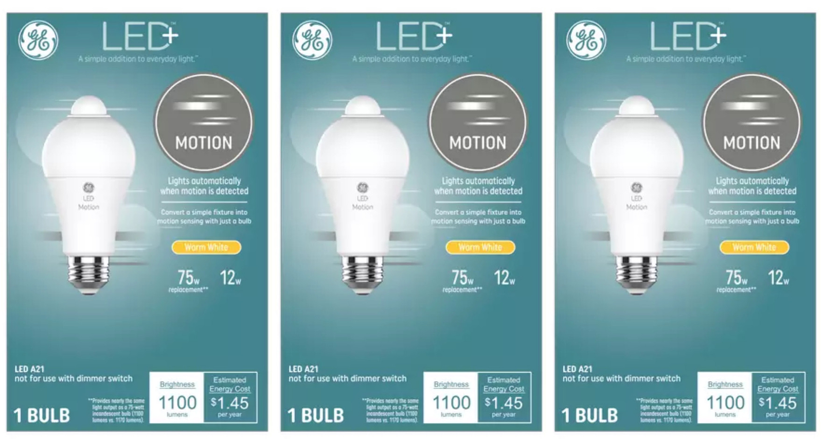 (3 bulbs) GE LED+ Motion Sensing LED Light Bulb, 12 watts, 1100 lumens, 75 watt