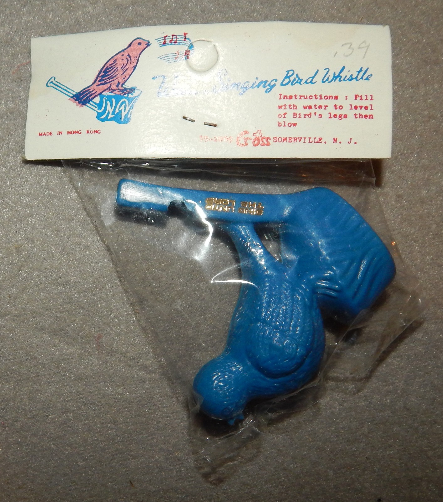 Vintage Water Singing Bird Whistle, Blue Plastic, 2  1/2" tall - new