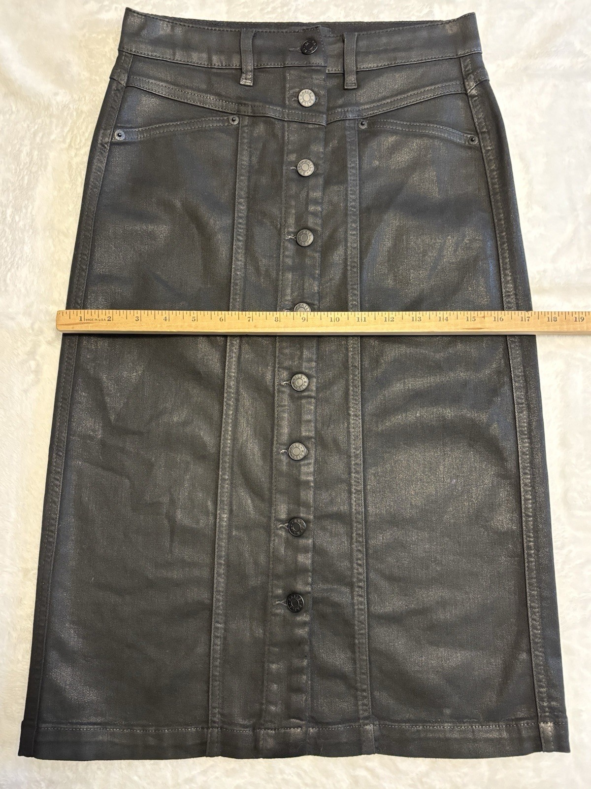 Rails Coated Denim Button Front Midi Skirt Black Leather Look High Waist Size 26