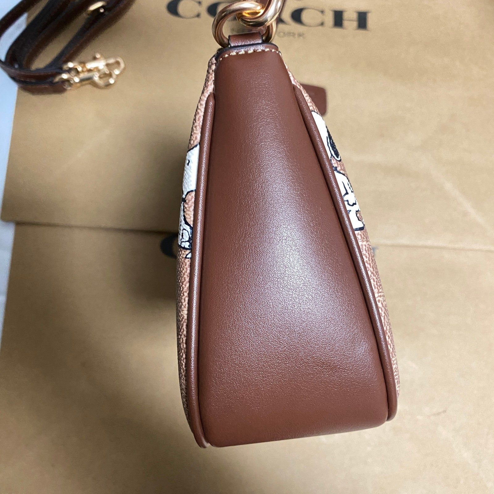 COACH x PEANUTS Teri Shoulder Bag Tan Brown Snoopy Print Signature Canvas CBJ88