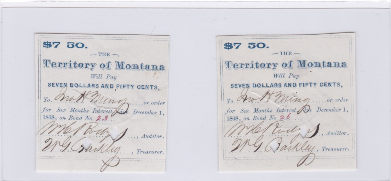 Montana Territory Bond Coupons Qty 6 1868-1871 $7.50