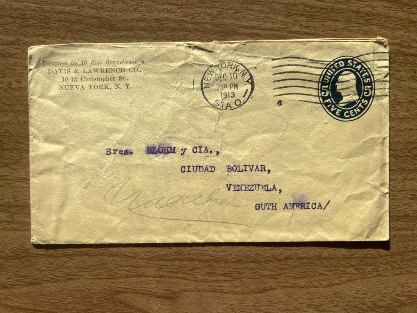 Cover New York to Ciudad Bolivar Venezuela 5c Grant Stamp Davis & Lawrence Co