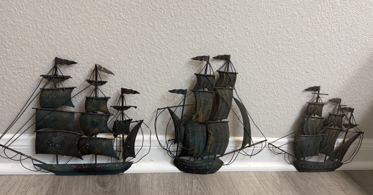 Vintage 3 Sailing Ships Wall  Decor, MCM Metal Nautical.