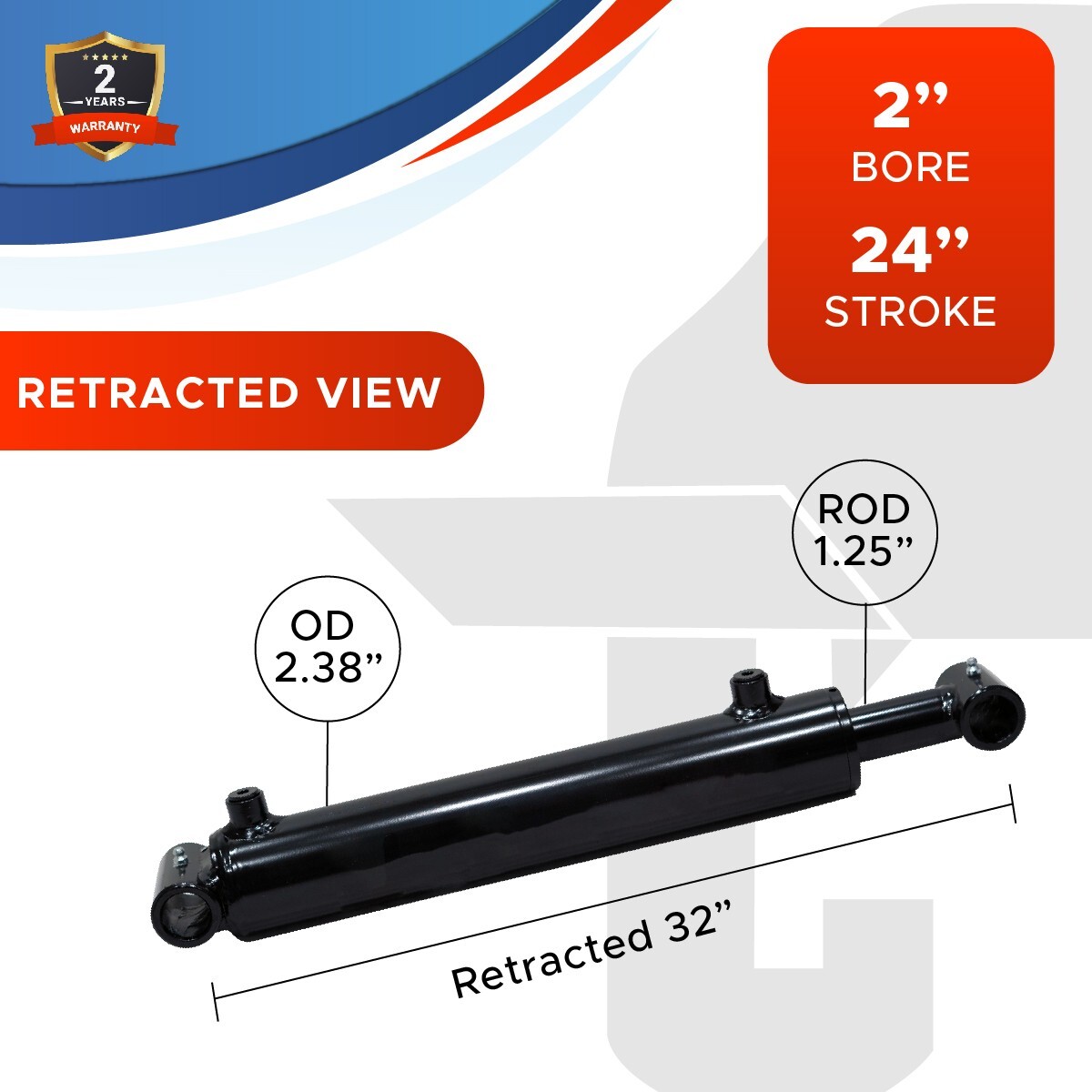 2x24 Hydraulic Cylinder 2" Bore 24" Stroke Double Acting Welded Cross Tube