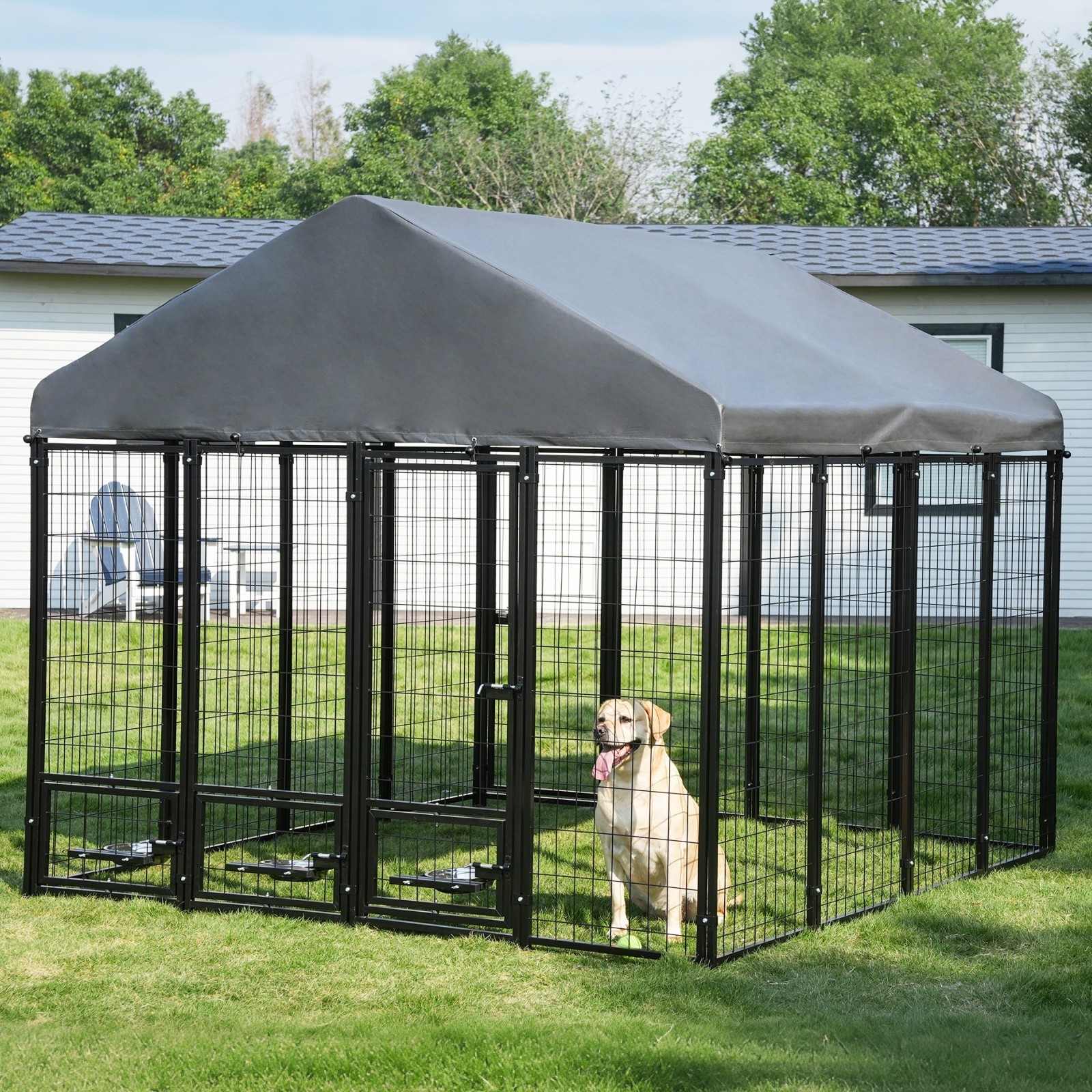 Large Outdoor Dog Cage Fence Dog Playpen Puppy Run with Roof, Double Entry Doors
