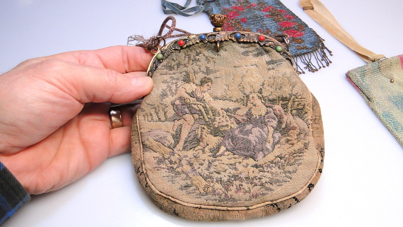 3 Antique Purses Mesh Beaded Tapestry w Jeweled Frame Purse Lot #2