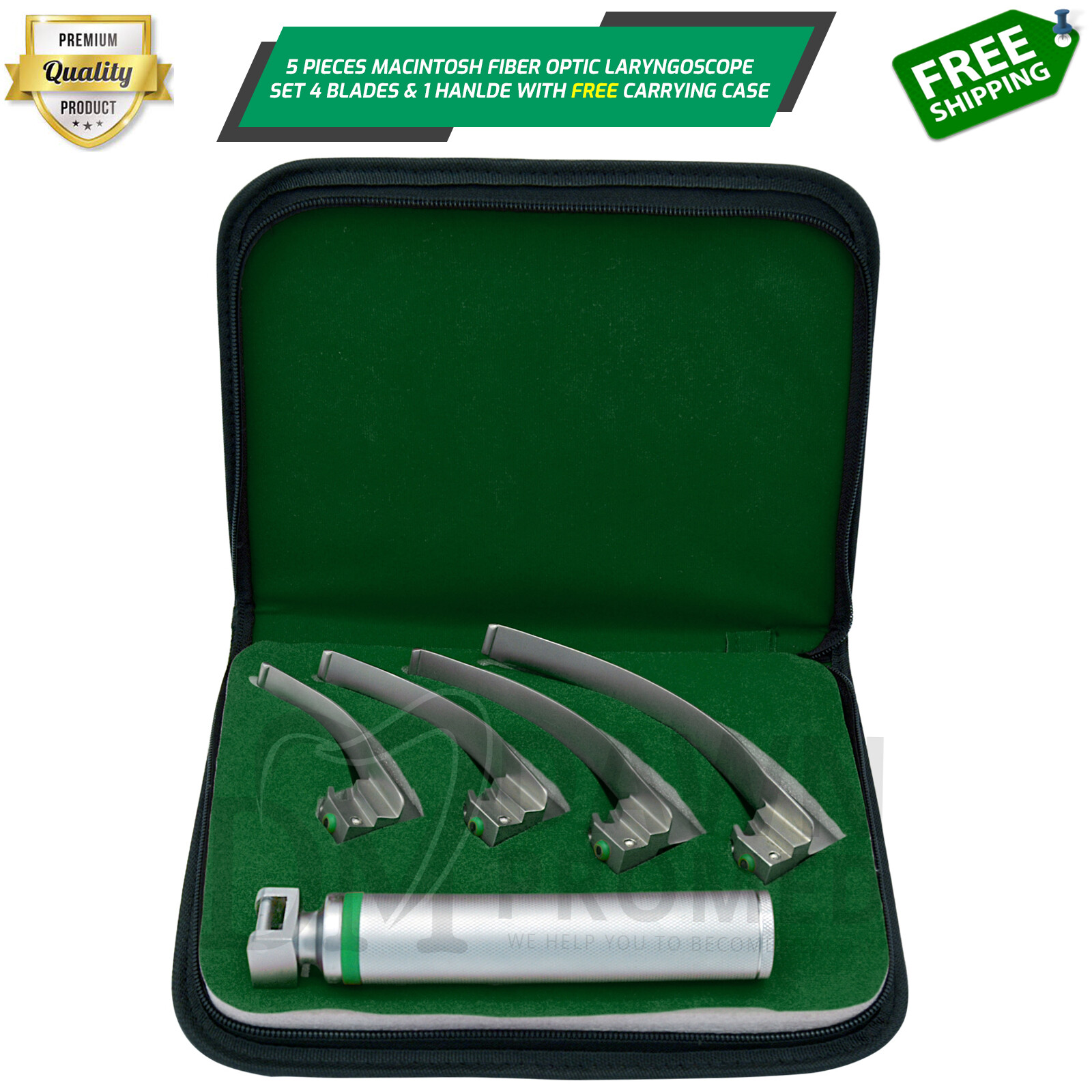 5 Pcs Macintosh Laryngoscope 4 Fiber Optic Blade & 1 Handle W/FREE Case German G