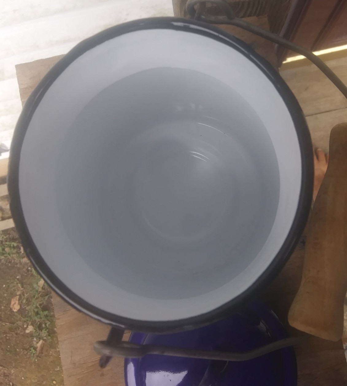 Vintage Blue Enamel White Inside Milk Pail w/Lid Wooden Handle Made in Holland