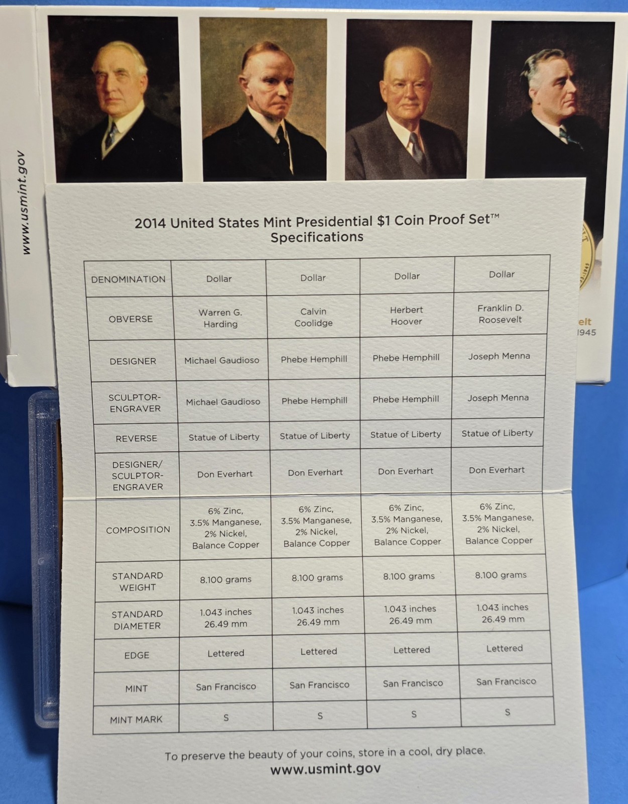 2014 S Presidential Dollar Proof Set with Box + COA U.S. Coins