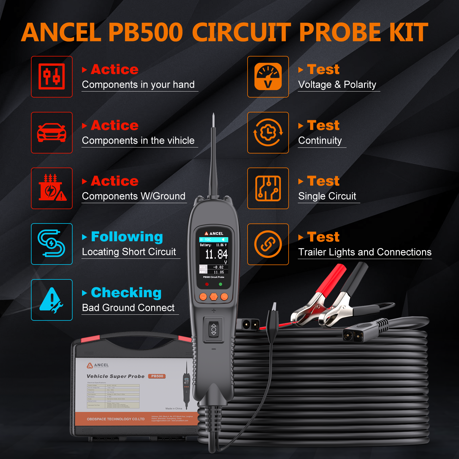 ANCEL PB500 Circuit Tester Power Electrical Probe 12V/24V Power Scan AC DC Test