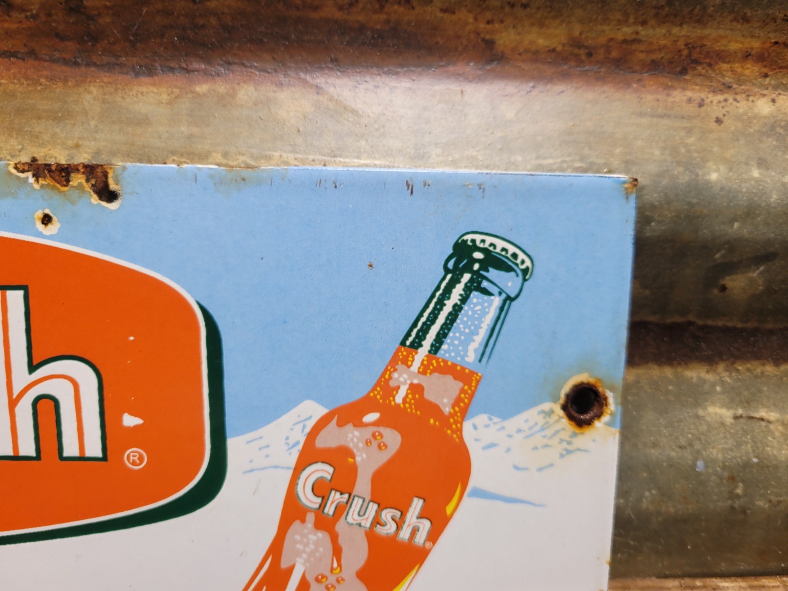 VINTAGE ORANGE CRUSH PORCELAIN SIGN OLD COLA SODA POP DRINK BEVERAGE BOTTLE SHOP