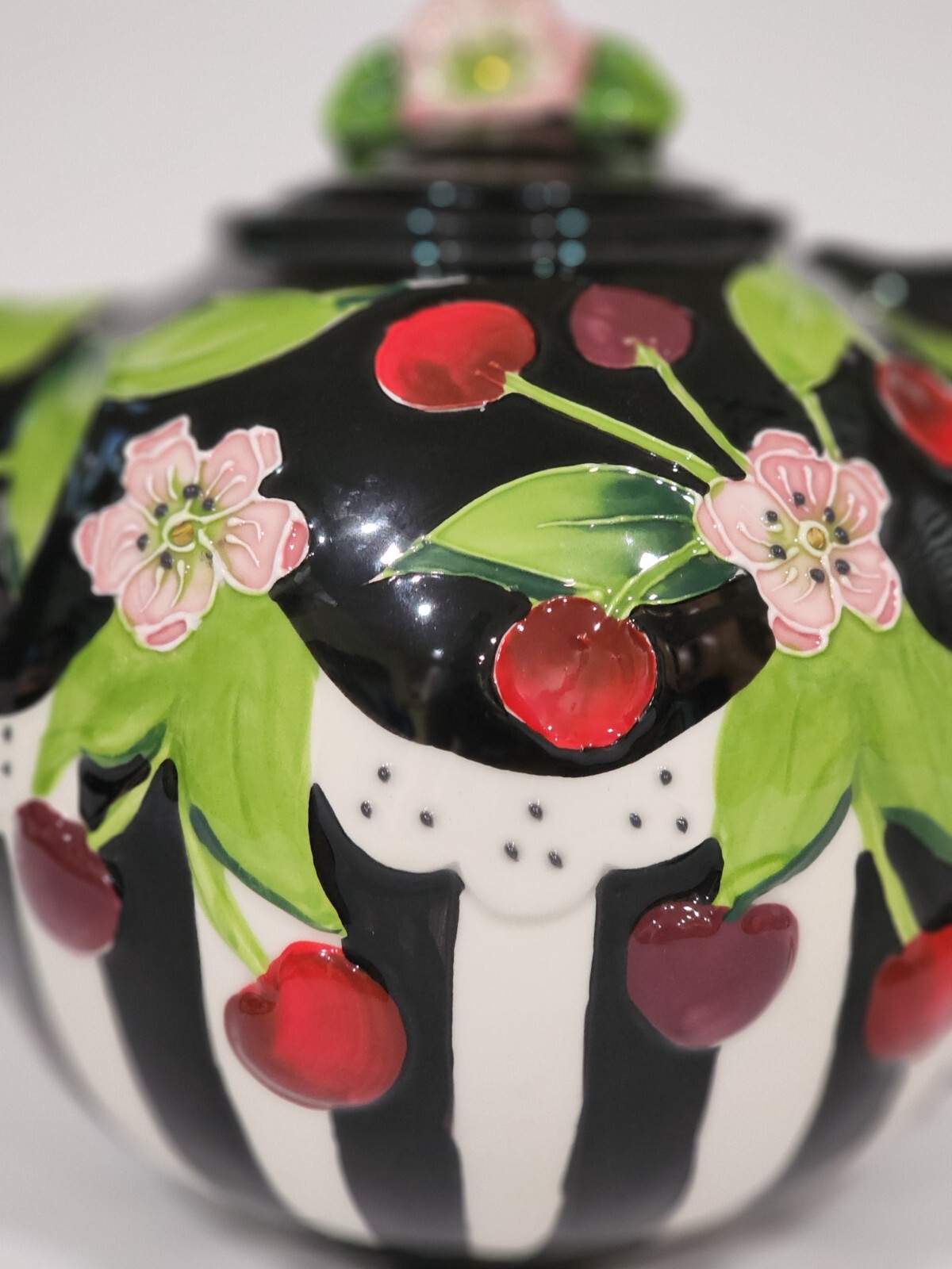 Blue Sky ICING ON THE CAKE Cherry Teapot Ceramic Floral Black White Engelbreit