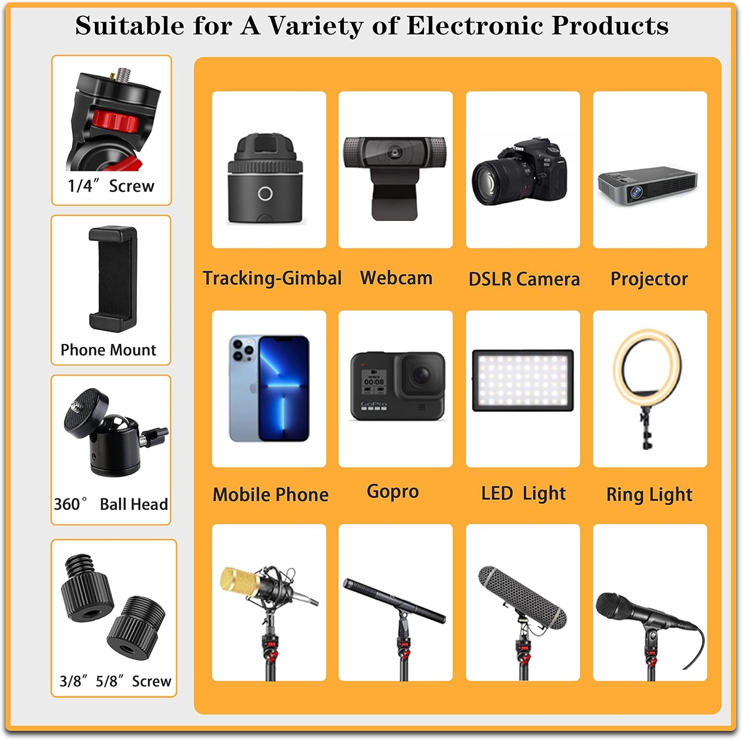 Overhead Camera Mount Desk Stand, 3-Section Flexible Detachable Articulating Arm