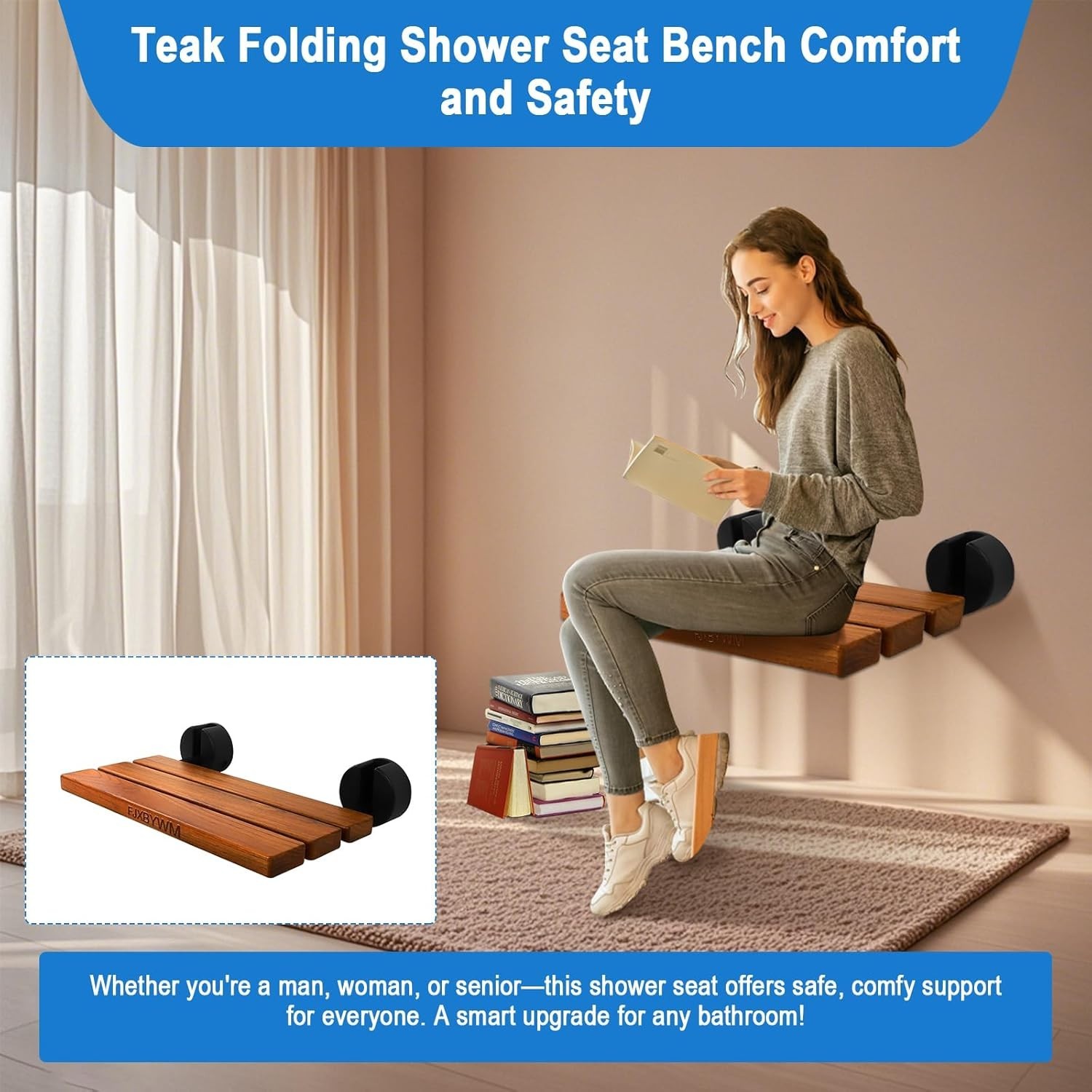 20-inch Teak Shower Bench Wall Mounted Fold-Down Shower Seat