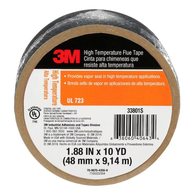 3M Professional Grade 33801 High Temperature Flue HVAC Tape 1.88in x 30ft 1 Pack