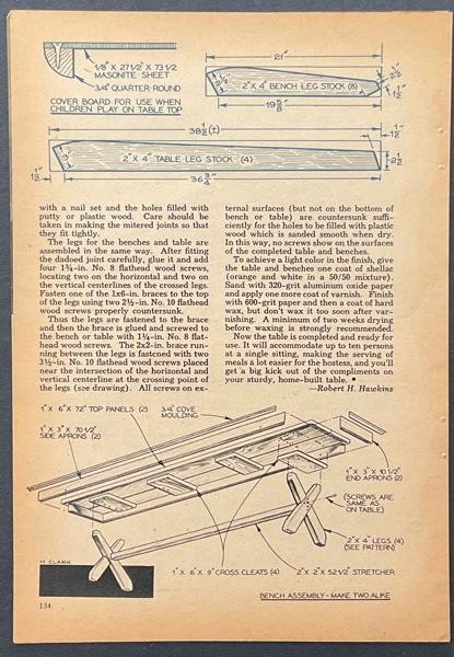 6’ Picnic Patio Table w/Benches 1954 HowTo Build PLANS