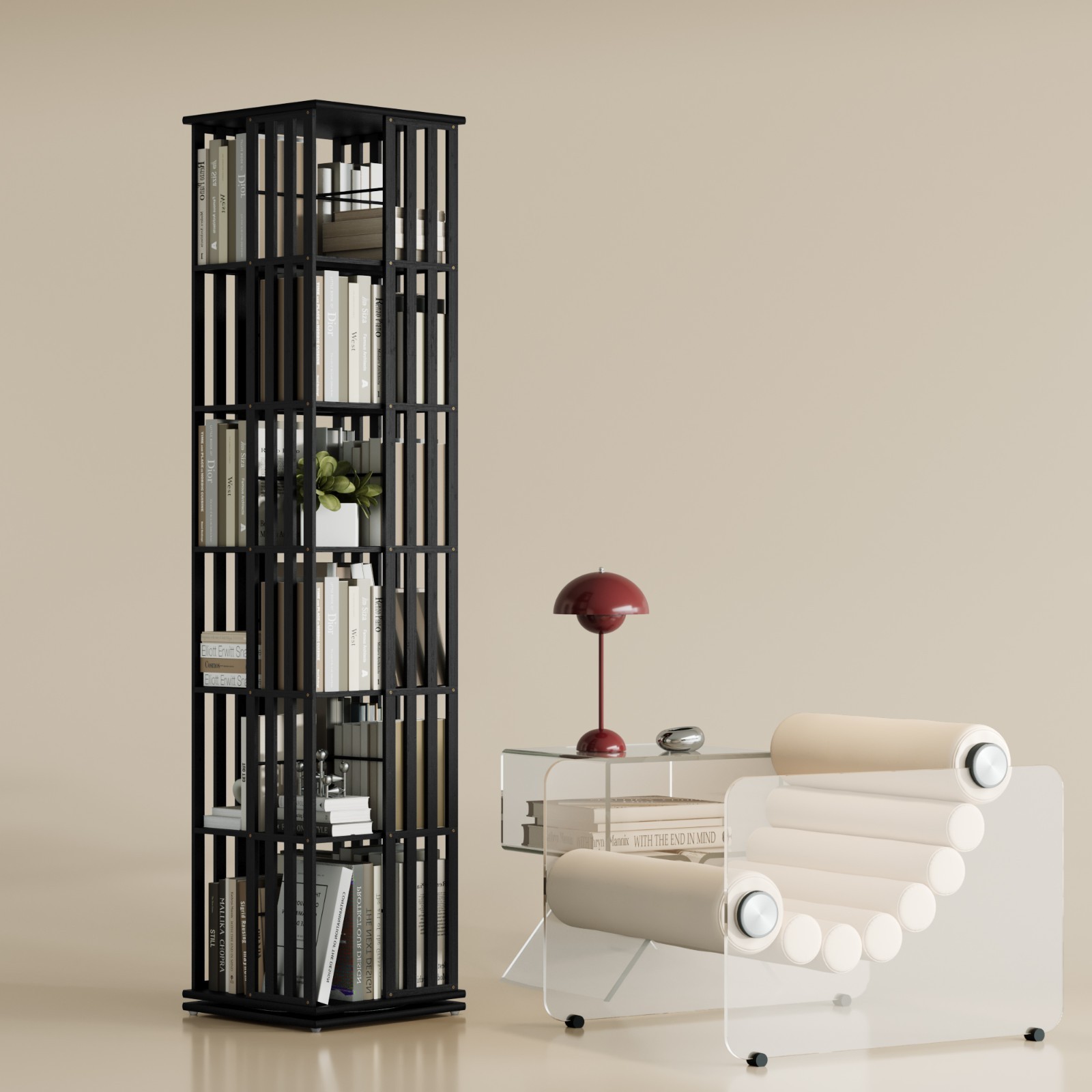 6-Tier Bamboo Rotating Bookcase Tower, 360° Swivel Bookshelf with Floor Storage