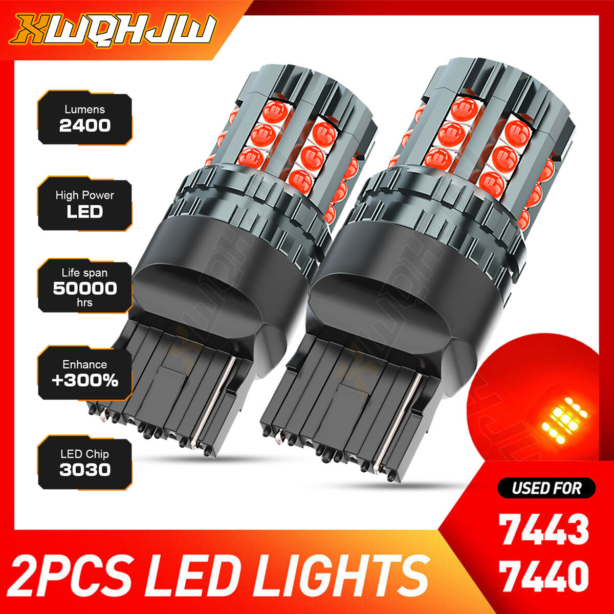 2PCS 7443 7440 LED Strobe Flash Blinking Brake Stop Tail Parking Light Bulbs Red