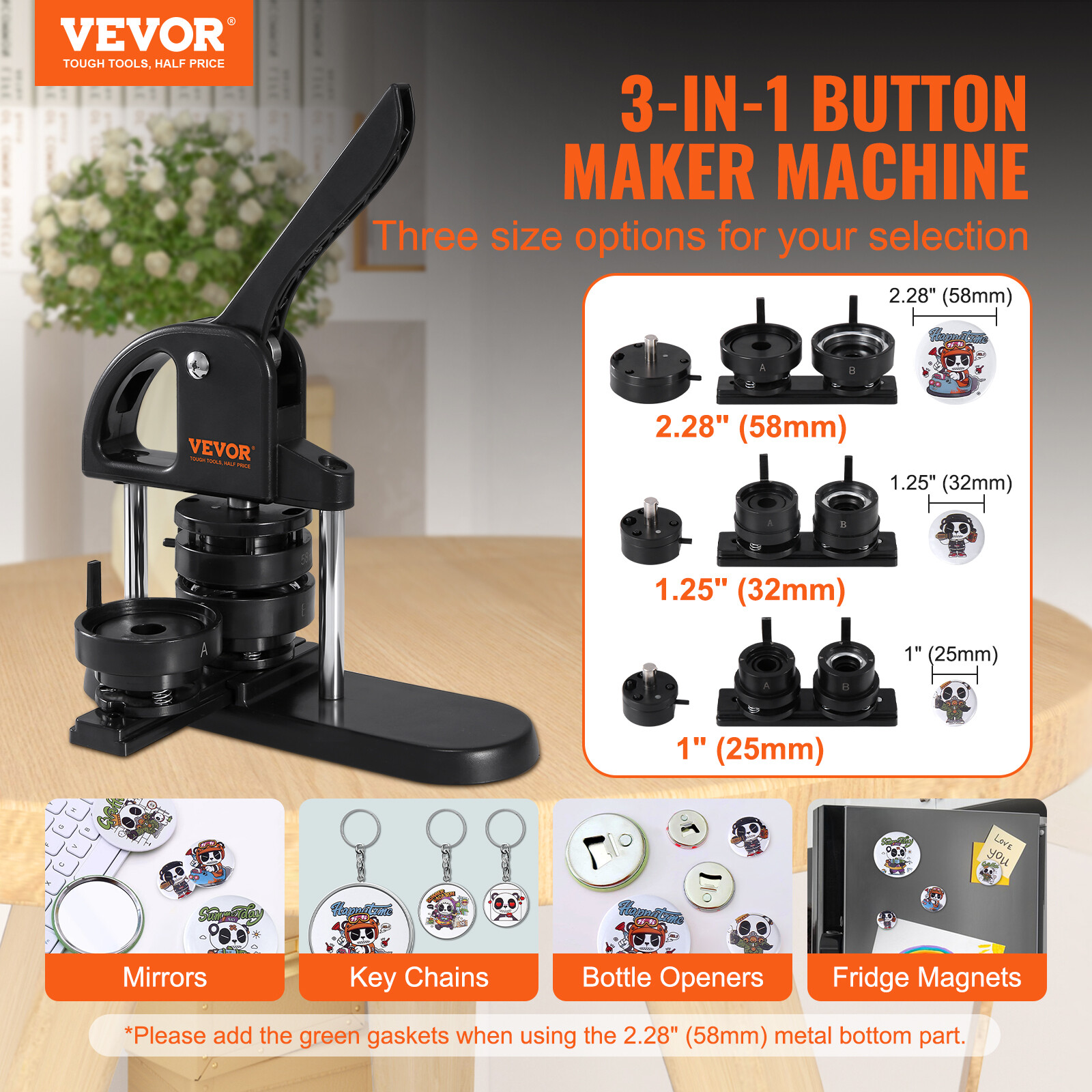 VEVOR Button Maker Machine Pin Badge Maker 1"/1.25"/2.28" 3-in-1 300Button Parts