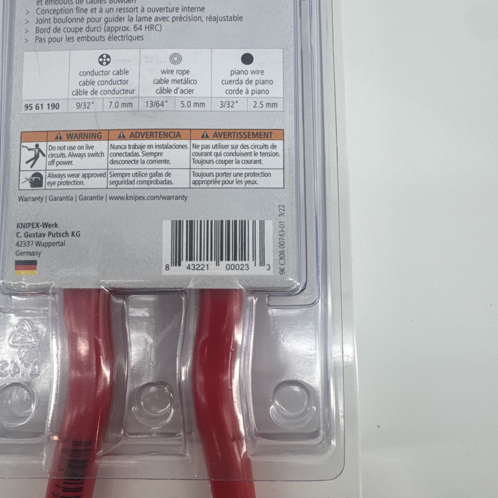 Knipex 95 61 190 Sba Wire Rope Cutter, Center Cut, 7 1/2 In