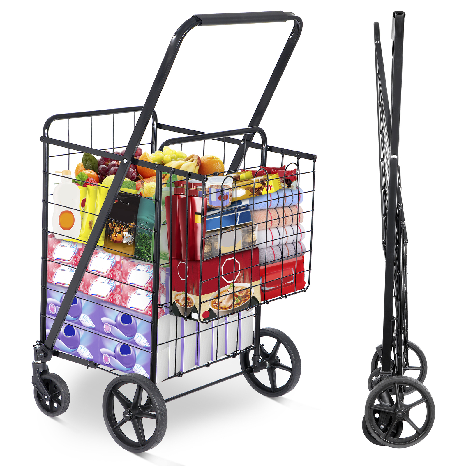 Heavy Duty Folding Shopping Cart Utility Trolley Two Baskets for Grocery Laundry