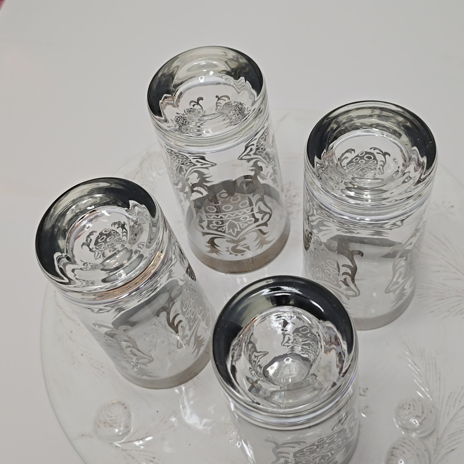 Vintage MCM Set Of 4 Kimiko Silver Knight Shield Highball Glasses Barware