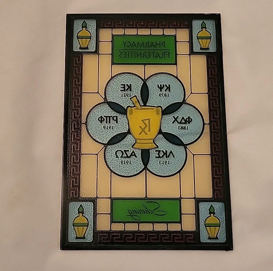 Vtg Pharmacy Stained Glass Style Window Advertising Schering Pharmacy 9x6x1/4”