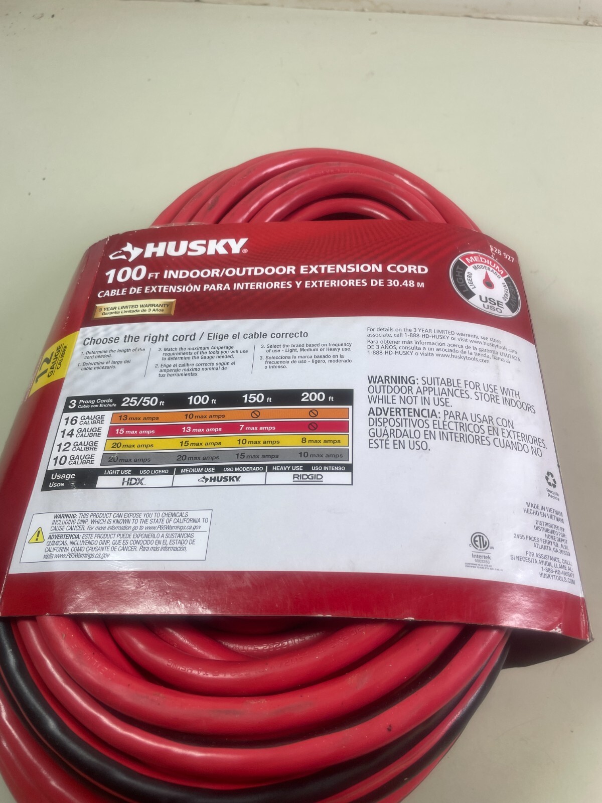 Husky 100ft 12/3 Extension Cord Indoor Outdoor Extension Cable 528 927 Red Black