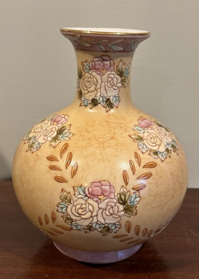 Chinese Porcelain 8" Vase Beige Pastel Embossed Flowers Leaves Pink Peach Blue.